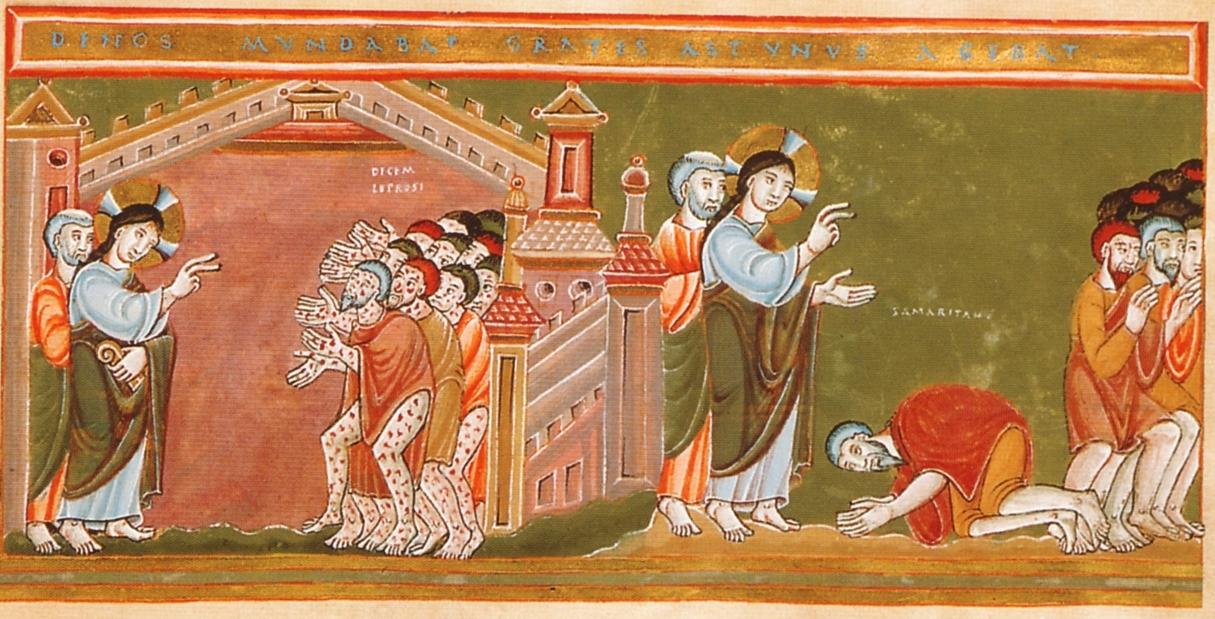 Guarigione dei dieci lebbrosi, manoscritto dal Codex Aureus, 1035-1040 circa, Norimberga, Germanisches Nationalmuseum