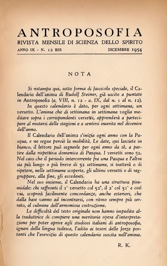 Calendario della anima dicembre 1954 Supplemento straordinario N. 12 Bis - copertina