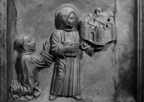 San Colombano che regge la citt&agrave;.  Cripta della Basilica del Santo a Bobbio